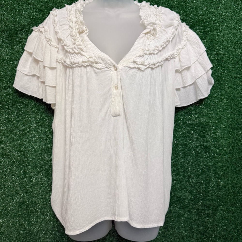 Maeve by Anthropologie White Ruffled Peasant Blouse Romantic Boho
